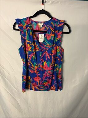 J. Crew Royal Blue and Neon Tropical Floral Flutter-Sleeve Tank Sz XS NWT